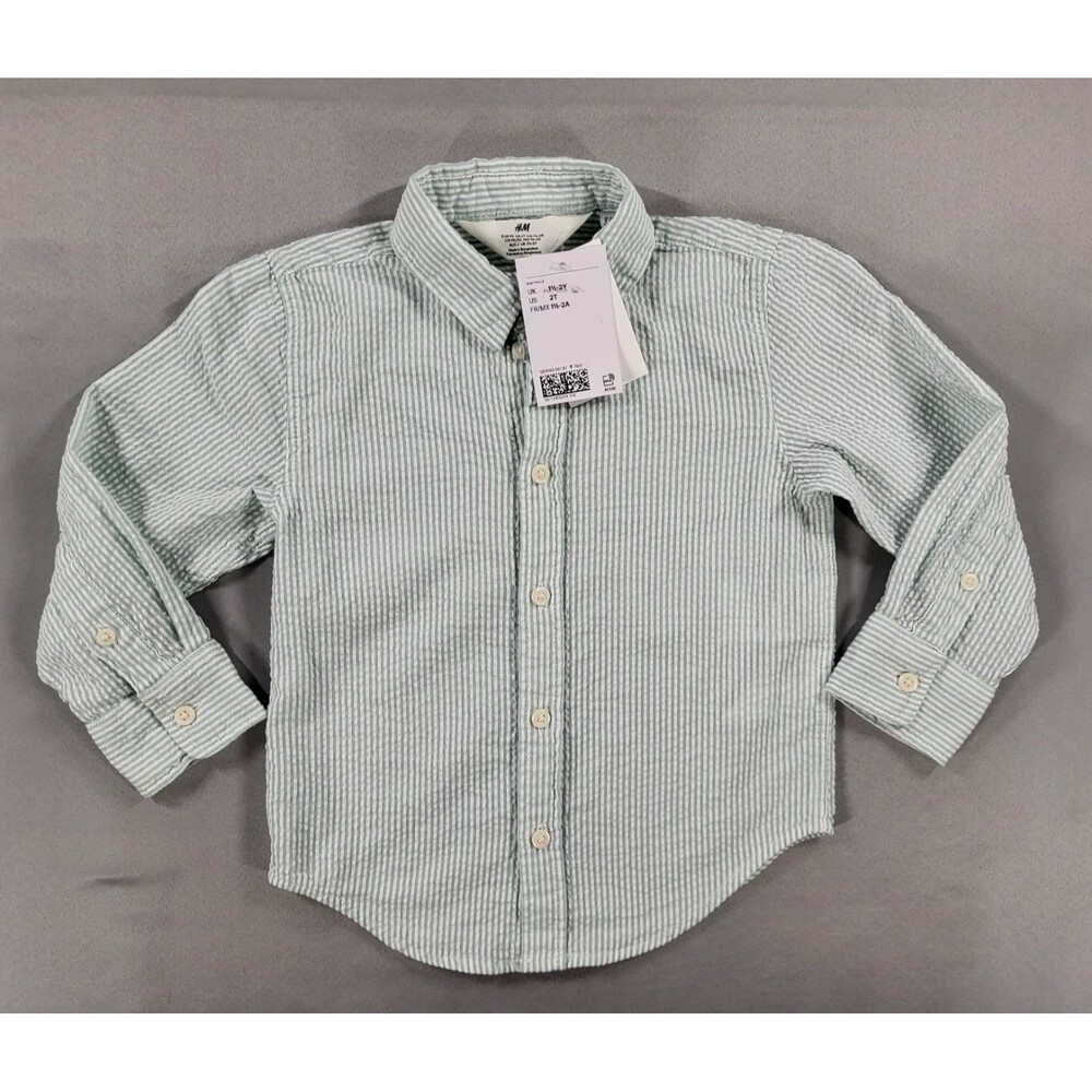 H&M Toddler Boy Mint Green Striped Seersucker Button-Down Shirt Size 2T